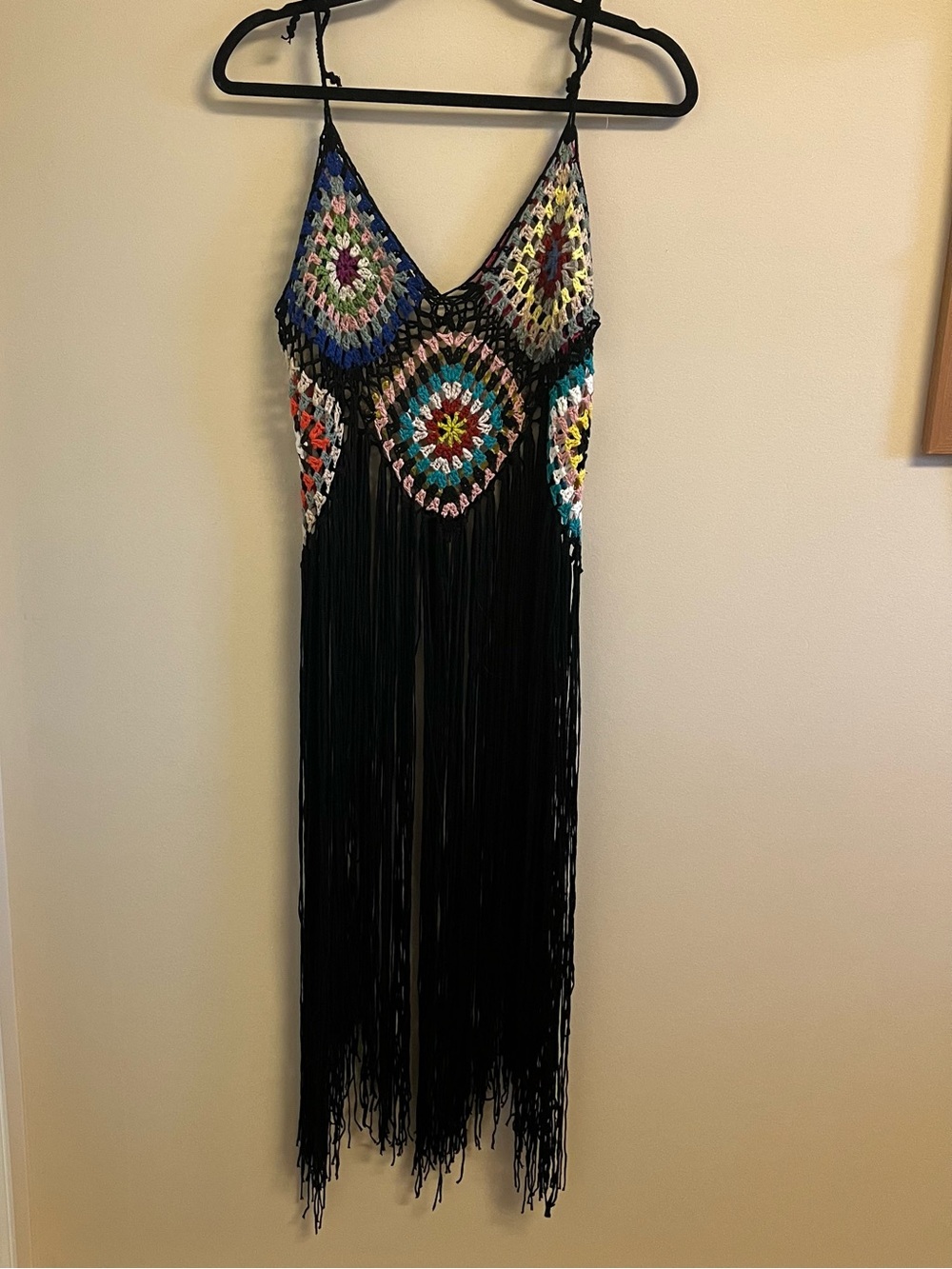 Women’s Crochet Boho Festival Fringe Hippie Camisole Maxi Dress Coverup One Size